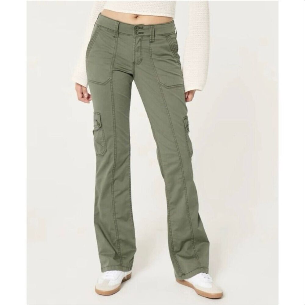 Hollister Mid-Rise Relaxed Cargo Boot Pant Green Utility Pocket Twill 25/0 Short